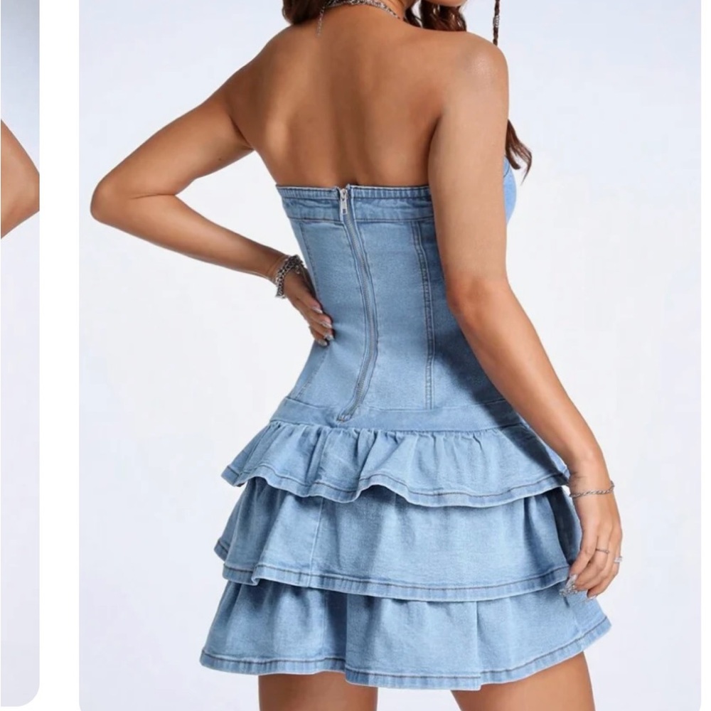 Light Blue Denim Ruffle Dress - Picture 2 of 3